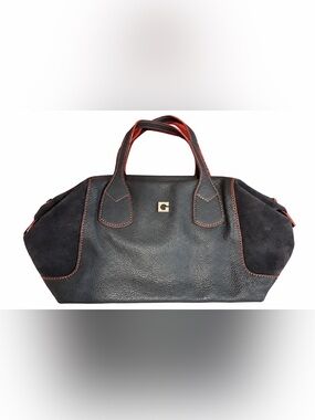 Gherardini Leather Suede Bowler Satchel Bag Orange Trim Made in Italy